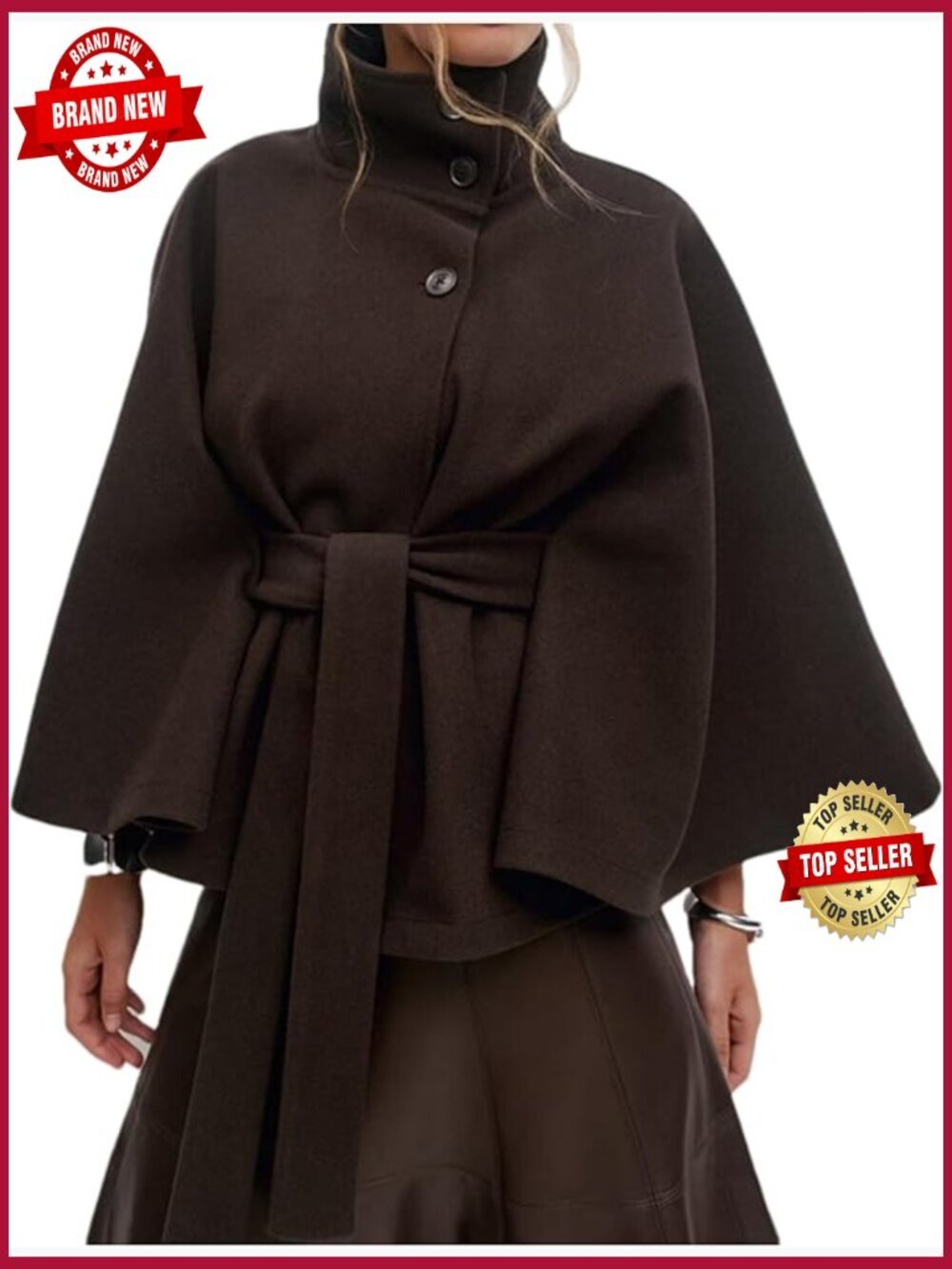 Oversized Batwing Sleeve Poncho Coat with Belt Crop Cape Jacket